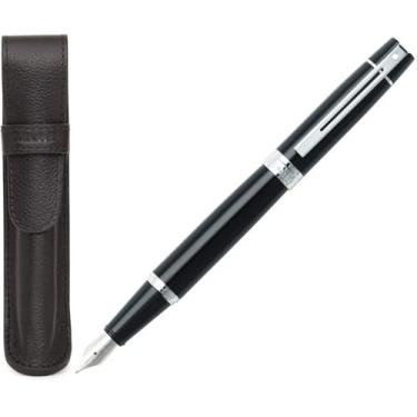 Imagem de Sheaffer Conjunto de caneta preta brilhante 300 com acabamento cromado e bolsa combinando (fonte, ponta média)