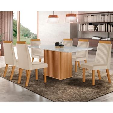 Imagem de Conjunto Sala de Jantar Mesa Riviera com Tampo de Vidro 180cm e 6 Cadeiras em MDF Riviera LJ Móveis - Castanho Cinamomo/ Creme/Off White
