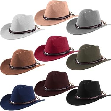 Imagem de Toulite 9 peças de chapéu de cowboy ocidental unissex de pele sintética, boné de viagem com aba larga para homens, mulheres, adultos, vaqueira, uso interno e externo, fantasia, cosplay, 9 cores, Cores