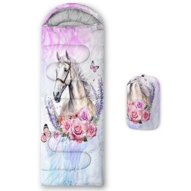 Imagem de HOSIMA Sacos de dormir leves de cavalo branco para crianças e adultos, equipamento de clima frio com estampa de borboleta floral para acampamento, sacos de dormir à prova d'água com tema animal para
