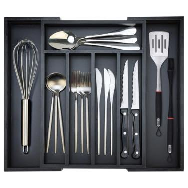 Imagem de Bandeja organizadora de gaveta de cozinha de bambu, preta, expansível, organizador de talheres, suporte de utensílios, gaveta ajustável, organizadores de talheres para gavetas, utensílios de madeira