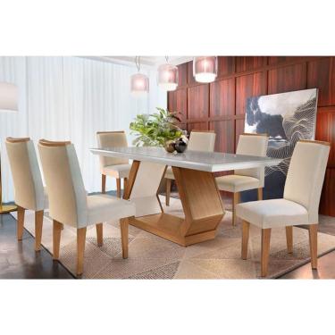 Imagem de Sala de Jantar Completa Alvorada Tampo Madeirado c/ Vidro Canto Reto 180x90cm e 6 Cadeiras Lunara Capuccino/Suede Creme - Rufato