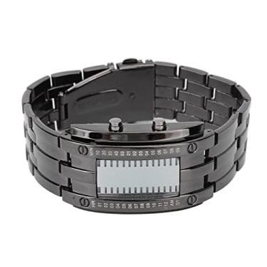 Imagem de Relógio LED Men Relógio eletrônico Modo de tempo binário Exibição de convexo Relógio de pulso LED à prova d'água com banda de aço inoxidável para atividades ao ar livre (Tamanho grande (24x18.5cm / 9.4x7.3in))