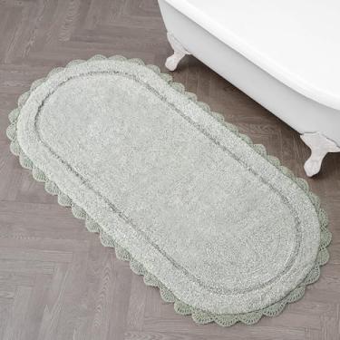 Imagem de Laura Ashley Eloise Tapete de banho oval 100% algodão com borda de crochê, macio e absorvente, tapete de banheiro de espuma do mar 61 cm x 152 cm