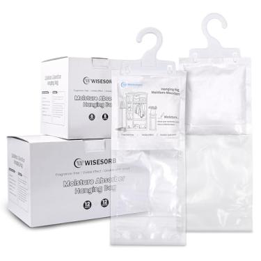 Imagem de Wisesorb Sacos suspensos absorventes de umidade pacote com 12 - Desumidificador sem fragrância de 200 ml para armário, banheiro, quarto – Design duplo à prova de vazamento e absorção de dupla face