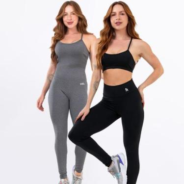 Imagem de Kit Macacão Costa Nua Longo + Conjunto Fitness Top Alça Calça Legging 