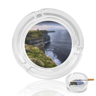 Imagem de Cinzeiro de cristal County Clare The Cliffs, cinzeiro redondo de vidro resistente para fumar cinzeiro portátil decorativo moderno para uso em casa, escritório, interior, exterior, pátio