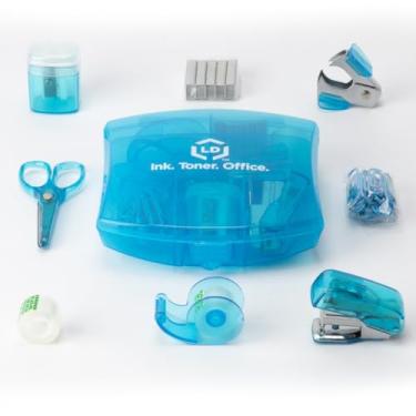 Imagem de LD Blue Mini Kit de suprimento de escritório – Capa portátil com tesouras, clipes de papel, dispensador de fita, apontador de lápis, grampeador e remoção de grampos