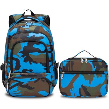 Imagem de BLUEFAIRY Kids Backpack with Lunch Box for Girls Boys Elementary Primary Middle School Bag with Lunch Bag Set 17 Inch Bookbag Mochilas Escolares para Niñas Niños (Camo, Sky Blue)