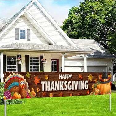 Imagem de BlissYard Faixa de decoração Happy Thanksgiving 118x20 polegadas tecido poliéster perus abóboras folhas design para interior exterior jardim cerca banner festa exterior varanda sinal suprimentos.