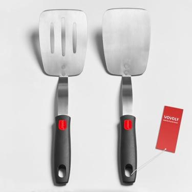 Imagem de Conjunto de espátula de aço inoxidável, pacote com 2 espátulas de metal para uso na cozinha, espátula de cozinha Vovoly resistente, lâmina larga com borda chanfrada, cabo de silicone resistente ao