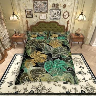 Imagem de Manfei Conjunto de capa de edredom infantil com folhas de palmeira, tamanho solteiro, folha de planta botânica tropical havaiana, decoração de quarto de meninas, meninos e adolescentes, capa de colcha