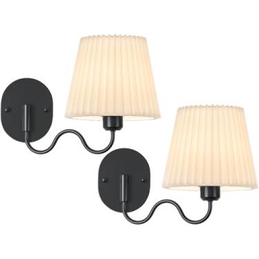 Imagem de TERLEENART Conjunto de 2 arandelas de parede de braço oscilante com fio, luz de parede interna preta com abajur de tecido plissado branco para quarto, sala de estar, sala de jantar