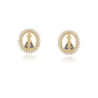 Imagem de Brinco Nossa Senhora Aparecida Manto Azul Semi Joia Banhado Ouro 18k -