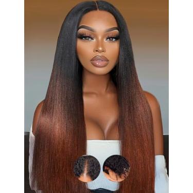 Imagem de KLAIYI Peruca Yaki Lisa em V Cabelo Humano Ombre Castanho avermelhado Atualização U Part Peruca com Raízes Escuras Sem Deixar de Fora Cordão Clipe na Meia Perucas Sem Cola 30S Pronto para Usar e Ir
