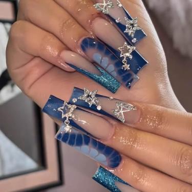 Imagem de Unhas postiças quadradas longas com glitter azul com ponta francesa, cobertura total, unhas postiças de acrílico azul com pingentes, desenhos de unhas longas, 24 peças, cola ombré nas unhas, para
