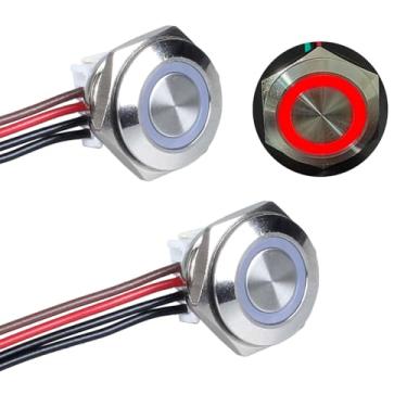 Imagem de DMWD 2 peças interruptor de botão momentâneo de metal ultra curto de 16 mm com cabo pré-fio 12 V-24 V (ON)-Off 4 pinos 1NO 5/20.3 cm orifício de montagem Halo Ring LED (concha prata luz vermelha