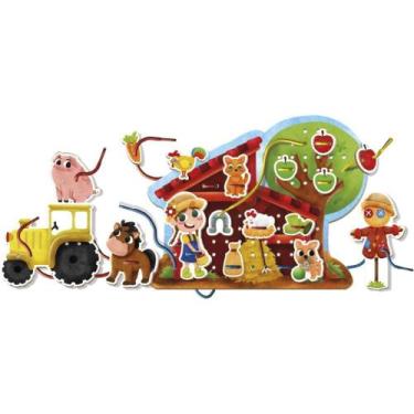 Imagem de Brinquedo Pedagogico Madeira Alinhavo Fazendinha Feliz 31PC - Brinc de