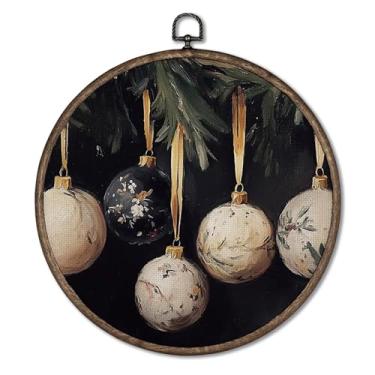 Imagem de Giosve Pôster vintage Moody Christmas Bauble Ball Round Wall Art Canvas emoldurado, Dark Academia Farmhouse Christmas Hanging Wall Sculptures para decoração de casa, quarto, sala de estar, 25 x 25 cm