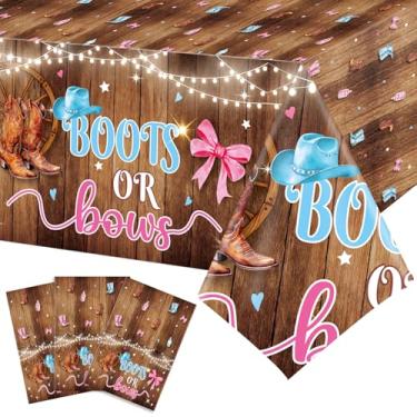 Imagem de Tiamon 3 peças de botas ou laços, decorações reveladoras de gênero, toalhas de mesa descartáveis rosa e azul ocidentais para ela ou ele, 137 x 272 cm para chá de bebê, artigos de festa de aniversário