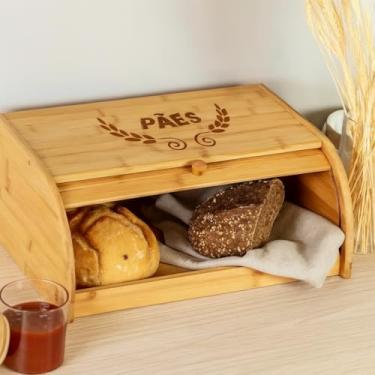 Imagem de Porta Pão Grande de Bambu com Tampa Retrátil Ecológico 40x26x18 (Pães - Trigo)