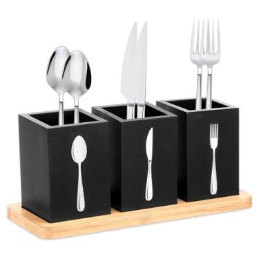 Imagem de DJAPWPX Conjunto de porta-utensílios, fácil de limpar, organizadores de talheres sólidos com bandeja, suporte organizador de talheres moderno para casa (preto)