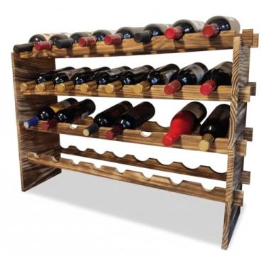 Imagem de LoongZDD Rack de vinho de madeira de pinho carbonizado – Armazenamento de vinho empilhável de 4 níveis, comporta 32 garrafas, organizador modular de vinho para bar doméstico, cozinha, sala de estar