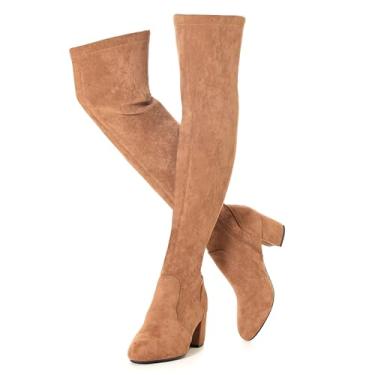 Imagem de N.N.G Botas femininas acima do joelho salto baixo inverno camurça coxa alta grosso OTK longo conforto, Salto marrom de 6 cm / bico amêndoa, 40