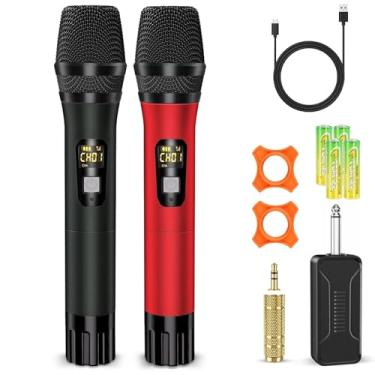 Imagem de Microfone sem fio, UHF profissional, sistema de microfone dinâmico de mão duplo sem fio com receptor recarregável – alcance de 50 metros, conjunto de microfones de karaokê para karaokê, canto de festa