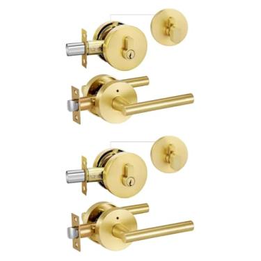 Imagem de Lethato Conjunto de maçanetas e fechaduras douradas, conjunto de fechadura de porta frontal resistente, maçaneta de porta externa fechadura redonda de chave única (pacote com 2)