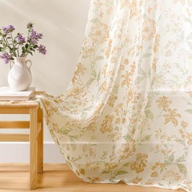 Imagem de Cortinas florais transparentes de 213 cm de comprimento, 2 painéis para sala de estar, bolso de varão, filtragem de luz, vintage, estampa de flores ocre, cortinas transparentes para quarto, 132 x 213