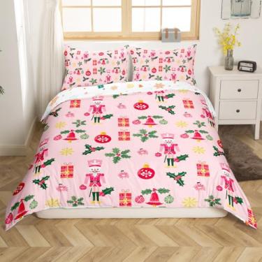 Imagem de Capa de edredom de Natal rosa quebra-nozes tamanho casal bonito guarda real capa de edredom Natal floco de neve conjunto de cama presentes para crianças meninos meninas decoração 2 fronhas rosa