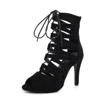 Imagem de Uonpie Botas de dança de salão com cadarço vazado Latinb Salsa Tango Performance Practice Party Heels, Preto, 35