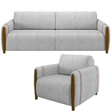 Imagem de Kit Sofá 03 Lugares Sala Estar 223cm Com Poltrona Flora Pés De Madeira M03 Veludo Cinza - Lyam Decor