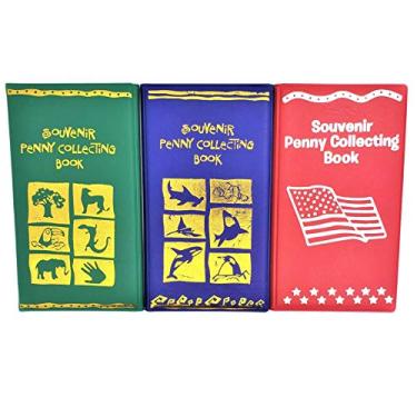 Imagem de Lembrança Penny Collecting Books (pacote com 3) para moedas raras e alongadas! Bandeira vermelha e prata dos EUA, animais do zoológico verde, criaturas do mar azul