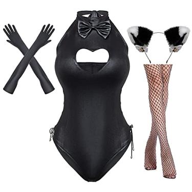 Imagem de Yuriko Conjunto de meias femininas para fantasia de coelho com botão na virilha, macacão, cosplay, fantasia de gato peludo, luvas de orelha (preto 2GG)