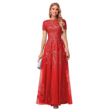 Imagem de Vestido Mãe da Noiva YOFF, tule, renda, lantejoulas, vermelho, linha A
