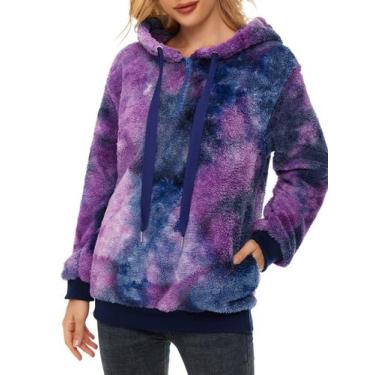 Imagem de Moletom feminino Century Star com capuz felpudo e pulôver Y azul roxo