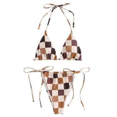 Imagem de Biquíni ZAFUL Triangle para mulheres Halter High Cut Coffee Plaid