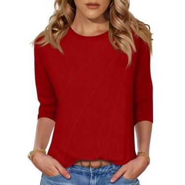 Imagem de Blusa feminina LOMON, manga 3/4, vermelha, poliéster/raion/elastano