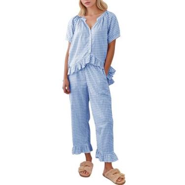 Imagem de Conjunto de pijama COZYPOIN Gingham, 2 peças de algodão xadrez para mu