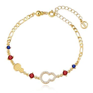 Imagem de Cicy Bell Pulseira feminina banhada a ouro 18K com corrente de cuia de zircônia cúbica, pingentes ajustáveis, contas ovais coloridas exóticas, pulseira de elos de 17 cm com extensor de 5 cm, 8.7