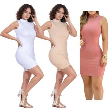 Imagem de KIT C/3 Vestidos Canelado Gola Alta - Emporio J, Branco, Areia, Rose, 