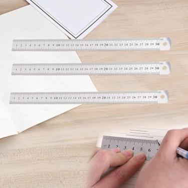 Imagem de Conjunto de 3 réguas de aço inoxidável ferramentas de medição régua de borda reta com polegadas e métrica para engenharia de desenho (prateado, 30 cm)