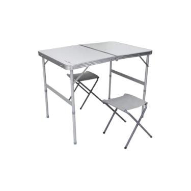 Imagem de Mesa Dobrável Portátil com 2 Banquetas, Alumínio e MDF, Branca, 90x60x70cm, Sistema Tipo Maleta, para Camping, Praia Piquenique Pescaria Motor Home