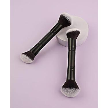 Imagem de Pincel de maquiagem de base, pincel de contorno de ponta dupla angular/redondo, pincel de maquiagem dois em um para misturar pó líquido corretivo creme blush pincel de maquiagem