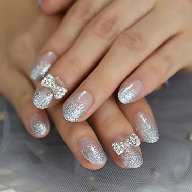 Imagem de Unhas ovais de pressão com laço 3D, cinza, glitter, médio, acrílico, cola, unhas, cobertura total, manicure