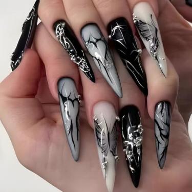 Imagem de Kit de unhas de pressão com estileto longo preto falso cola em unhas com design requintado borboleta pérolas cobertura completa bastão falso artificial em unha de acrílico para mulheres casamento 24