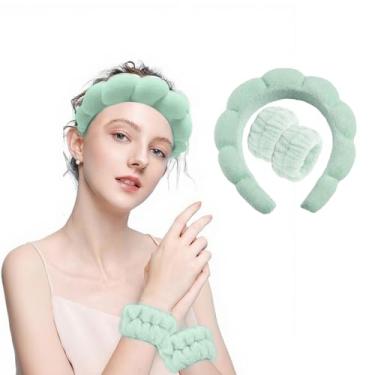 Imagem de Conjunto de tiara e pulseira de pelúcia para lavagem de rosto, rotina de cuidados com a pele, limpeza facial, casa, spa, faixa de cabelo para uso feminino (verde)