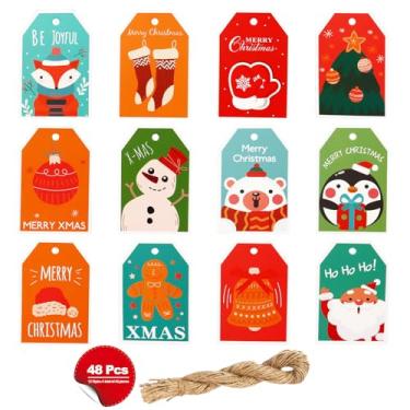 Imagem de Etiquetas de presente Chiristmas Decorações com cordão anexado, etiquetas de barbante de Natal com estampa de pinguim de urso fofo, presente de papel em branco com corda para festa, festival, 48 peças